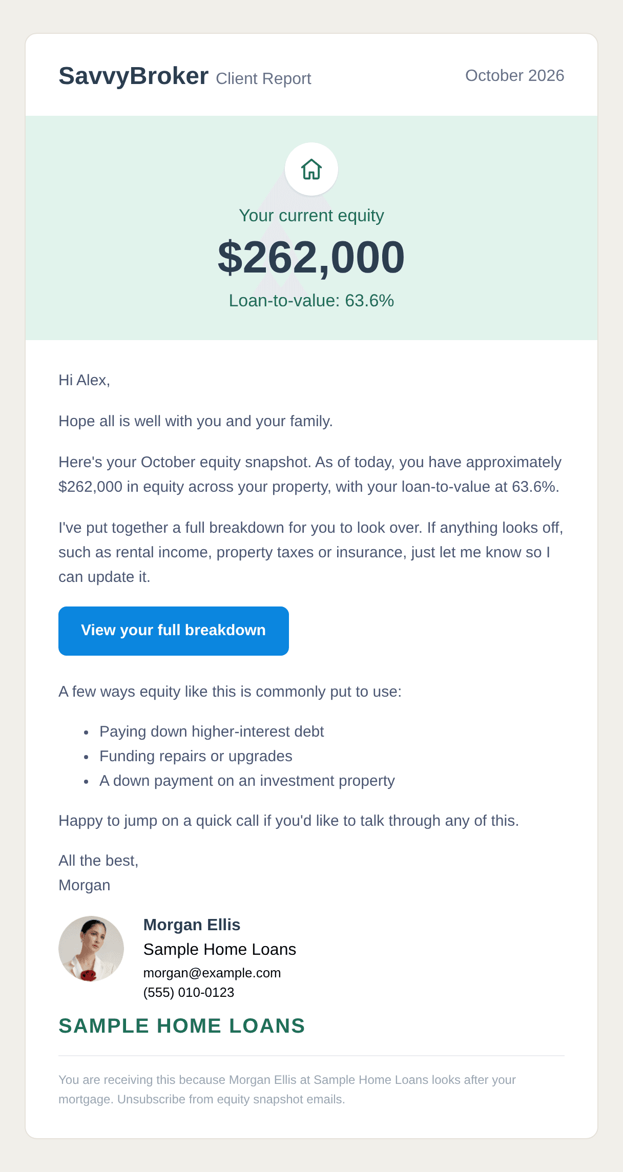 Sample equity snapshot email showing $262,000 current equity, 63.6% loan-to-value, and the broker signature with name, photo and company logo.